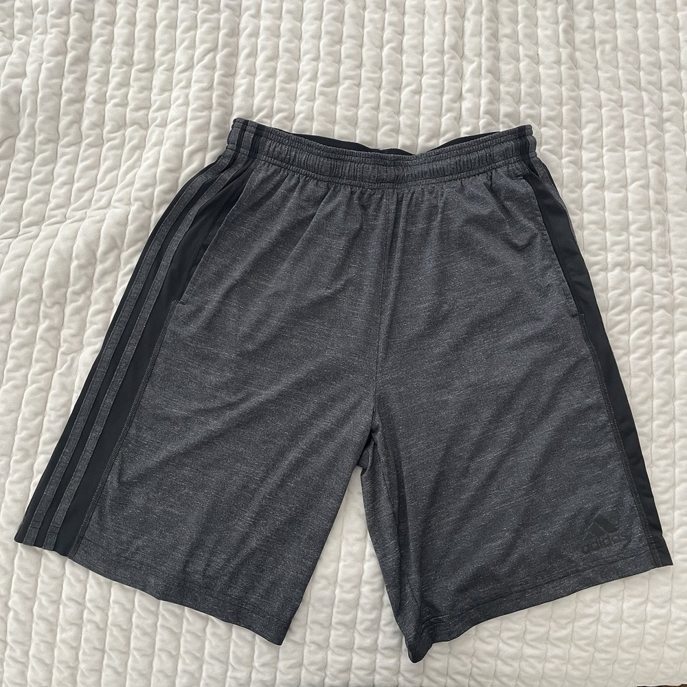 Adidas M Climalite Grey & Black Stripe Shorts Drawstring Gym Casual Run Athletic